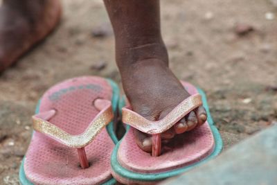 Low section of girl wearing flip-flop on land