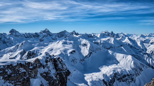 Scenic view of snowcapped mountains against sky