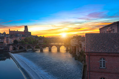 Bridge over river in city during sunset