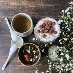 High angle view of breakfast on table