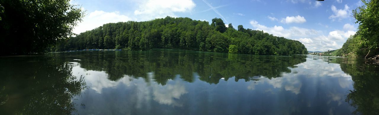 reflection, water, lake, tree, tranquil scene, tranquility, scenics, sky, beauty in nature, nature, standing water, cloud - sky, idyllic, cloud, waterfront, calm, day, panoramic, symmetry, non-urban scene