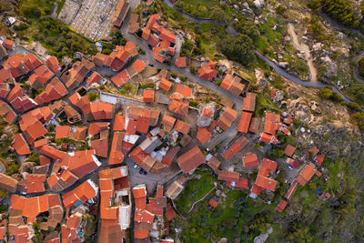 Drone aerial above top view of monsanto historic village, in portugal