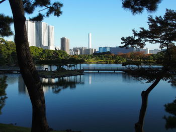 Reflection of buildings in lake