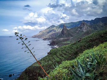 Scenic view of mountains against cloudy sky