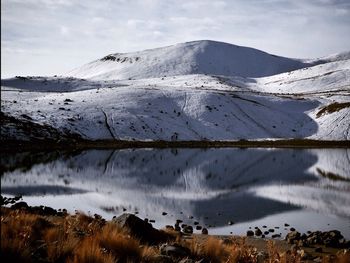 Panoramic view of lake and mountains against sky