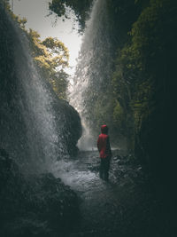 Rear view of man standing against waterfall