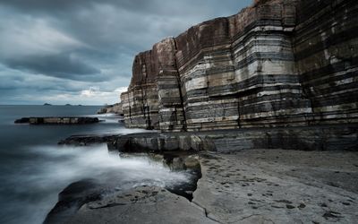 Panoramic view of sea and rocks against sky