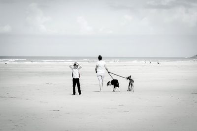 Boy standing by woman with dogs walking on beach