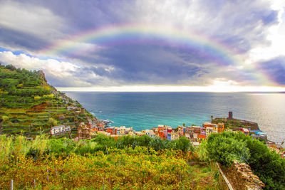 Scenic view of rainbow over sea against sky