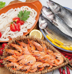 High angle view of fresh seafood on table