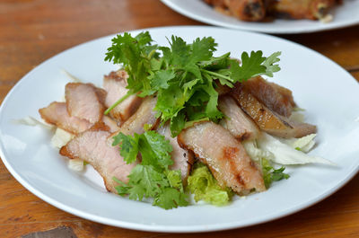 High angle view of food in plate on table