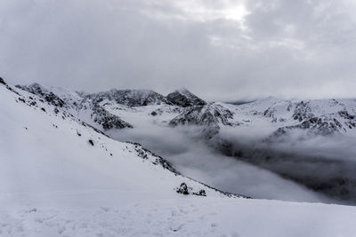 Scenic view of snow covered mountains against sky
