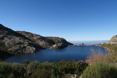 Scenic view of river and mountains against clear blue sky