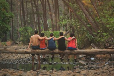 Rear view of people sitting on branch at landscape