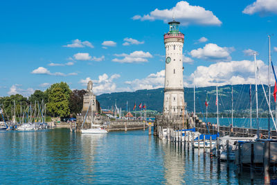 View of lighthouse by sea against sky