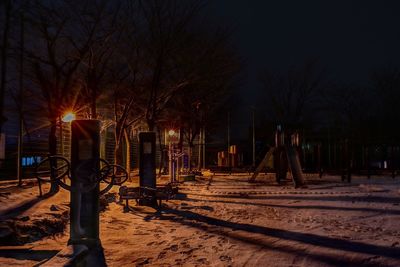 Illuminated bare trees on field against sky at night