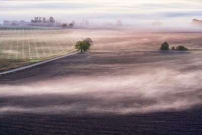 Morning fog in a rural landscape with fields and roads