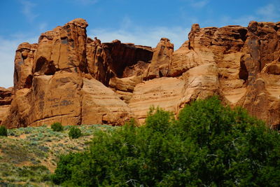 Low angle view of rock formations against sky