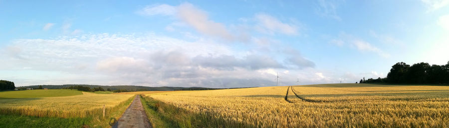 Panoramic view of agricultural field against sky