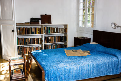 Blue chair on table at home