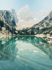 Scenic view of lake and mountains against sky