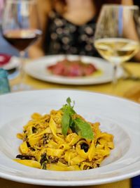 Close-up of food served on table