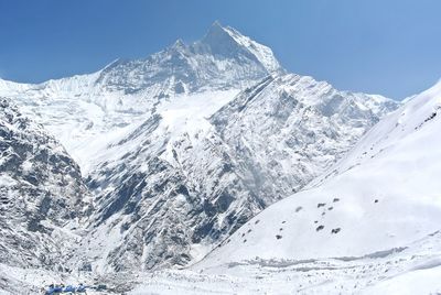 Scenic view of snowcapped mountains against clear sky