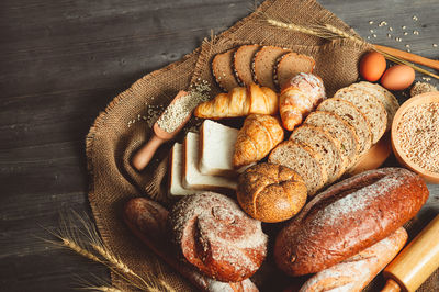 High angle view of bread in basket on table