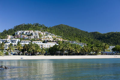 Scenic view of lovely hillside beach resort pf airlie beach on a pleasant day and a bright sun