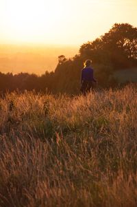 Rear view of woman on field against sky during sunset