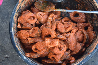 High angle view of meat in container