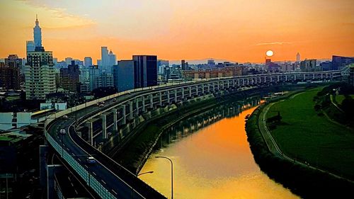 High angle view of buildings against sky during sunset