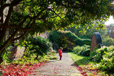 Side view of girl walking on footpath amidst trees