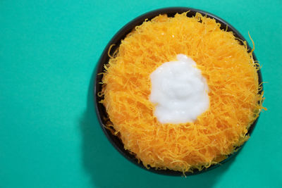 High angle view of orange slices on table