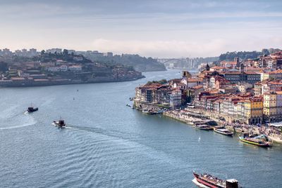 High angle view of river amidst buildings in city