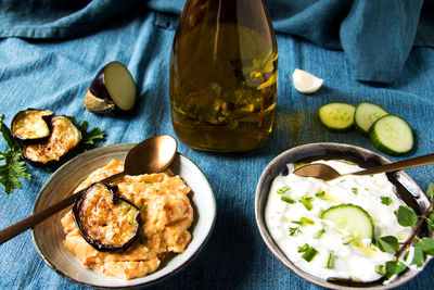 High angle view of food served on table