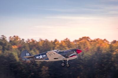 Airplane flying over trees against sky during sunset