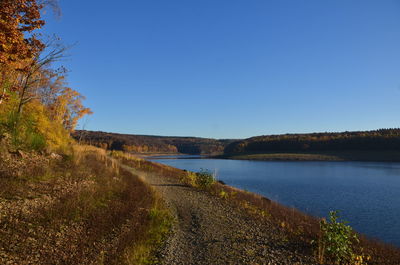 Scenic view of lake against clear blue sky