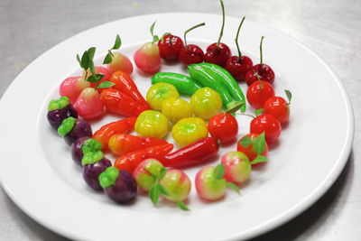 High angle view of fruits in plate