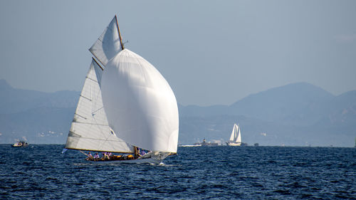 Sailboat sailing on sea against sky