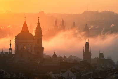 Panoramic view of buildings in city against sky during sunset