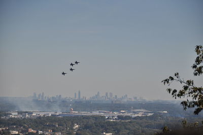 Birds flying over city against sky