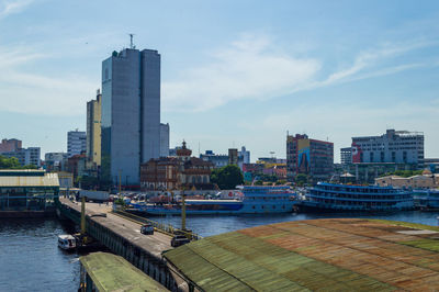 View of the main port of manaus with many boats and ferry