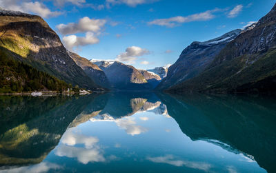 Scenic view of lake and mountains against sky