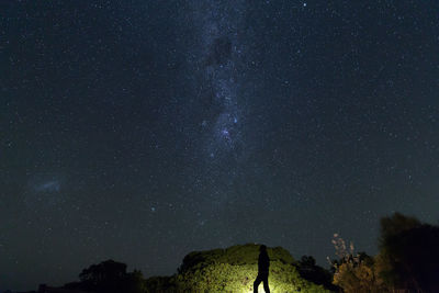 Silhouette man walking by trees against star field at night