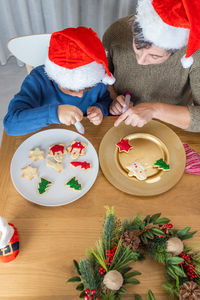 High angle view of christmas decorations on table