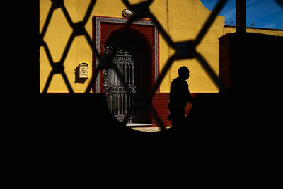 Rear view of silhouette people walking on building