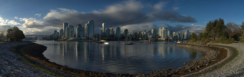 Panoramic view of river and buildings against sky