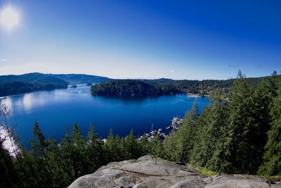 Scenic view of lake against clear blue sky