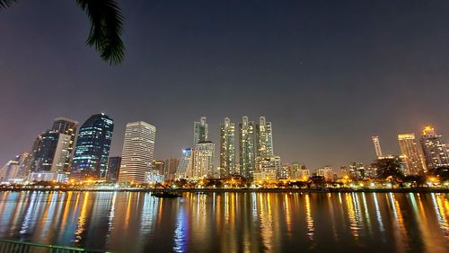 Reflection of illuminated buildings in city at night